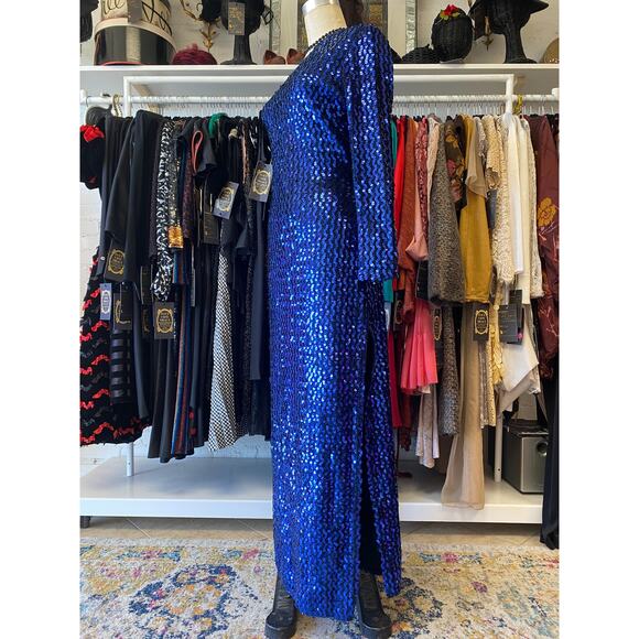 vintage 1980s metallic blue sequin one shoulder fitted gown by Climax, medium - Picture 7 of 10